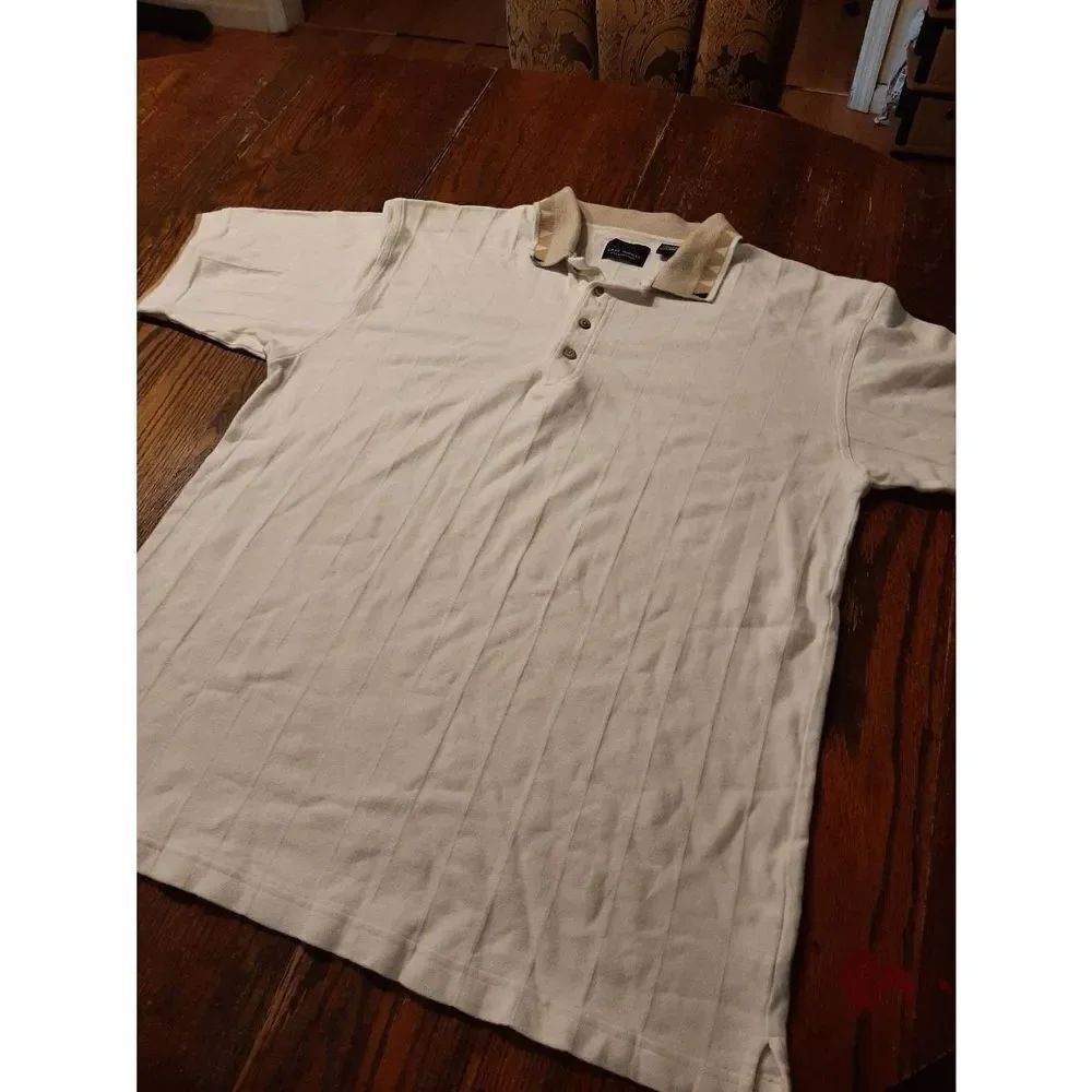 XL Greg Norman Collection White Tan Cotton Short Sleeve Polo Shirt